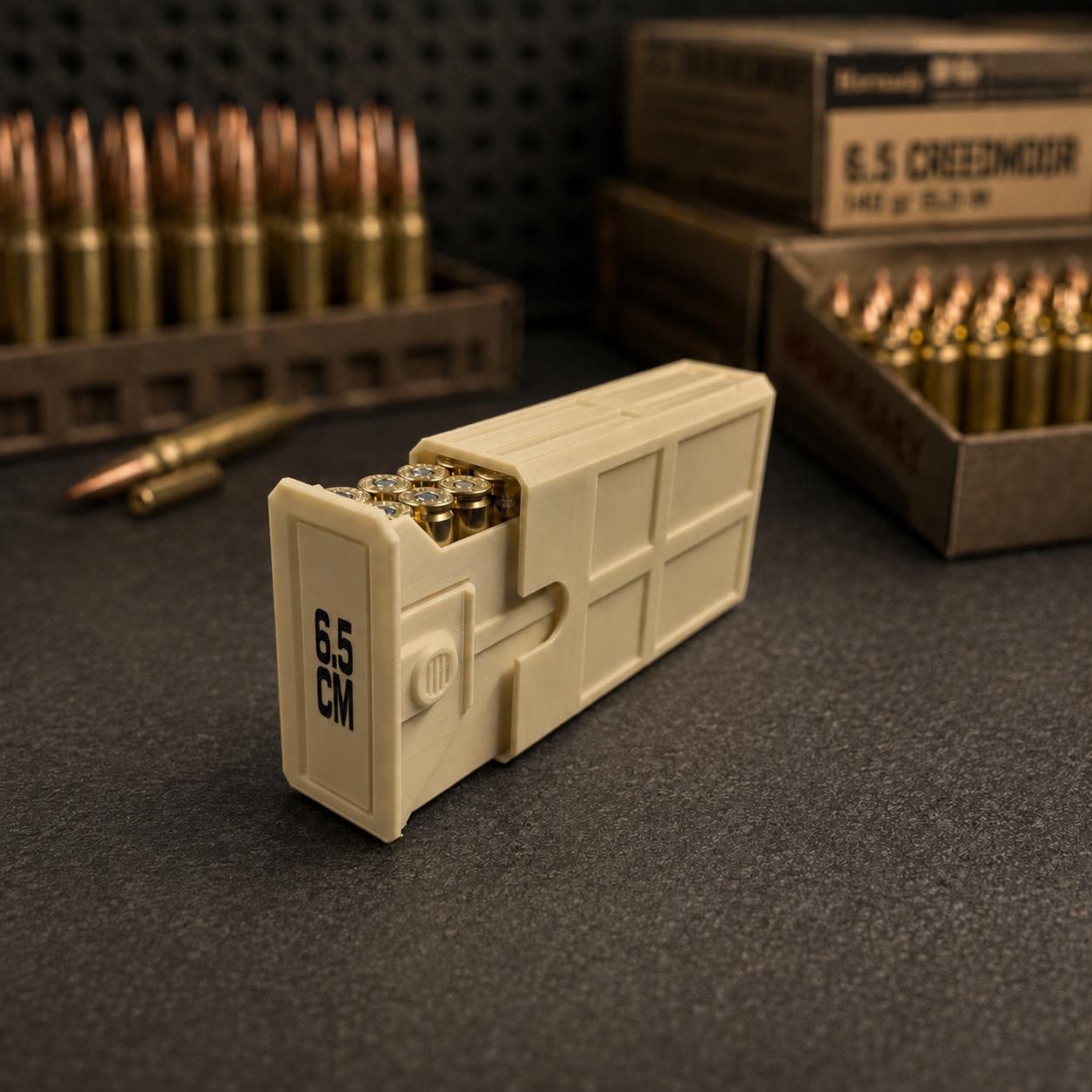 6.5 Creedmoor Ammo Box, 20 Round 6.5 CM Ammunition Storage Case, Custom, Sliding Tray Stackable Range Box