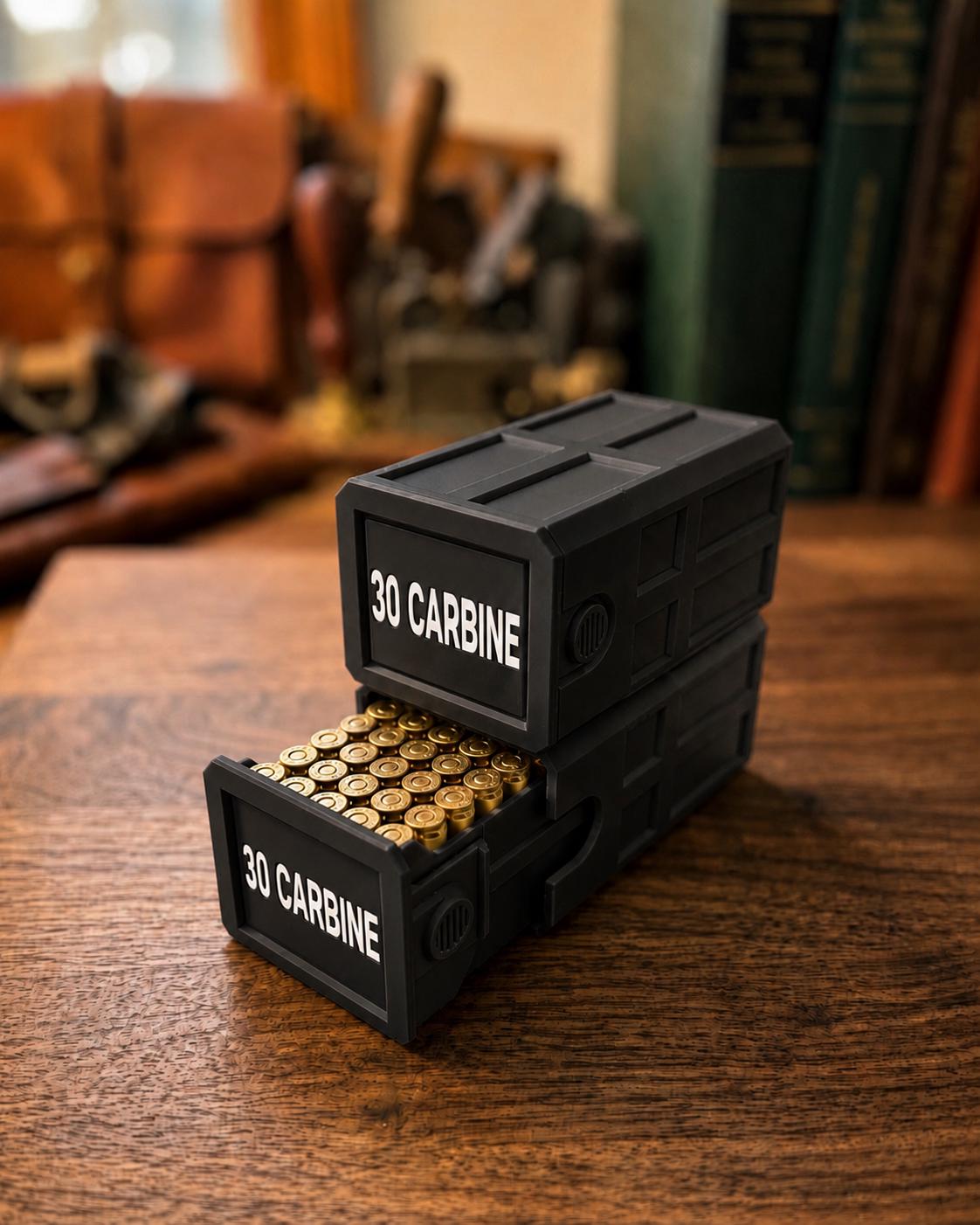 30 Carbine 50 Round Ammo Box – Stackable, Dual Latch, Storage Case, Custom Colors