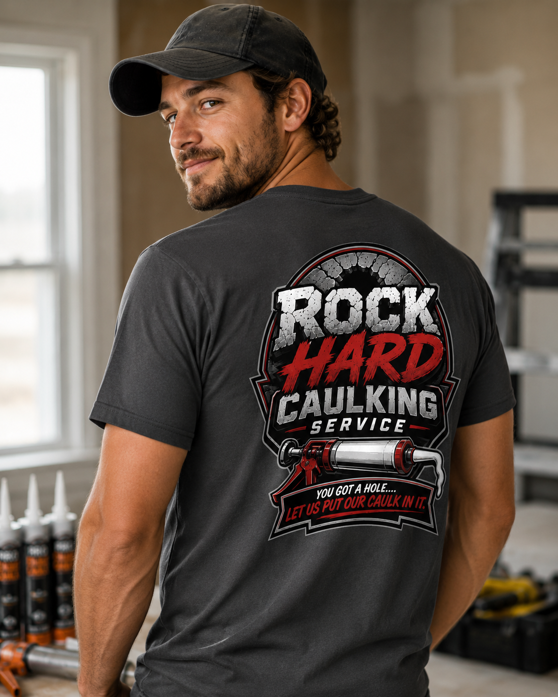 Rock Hard Caulking T-Shirt | Funny Contractor Performance Tee
