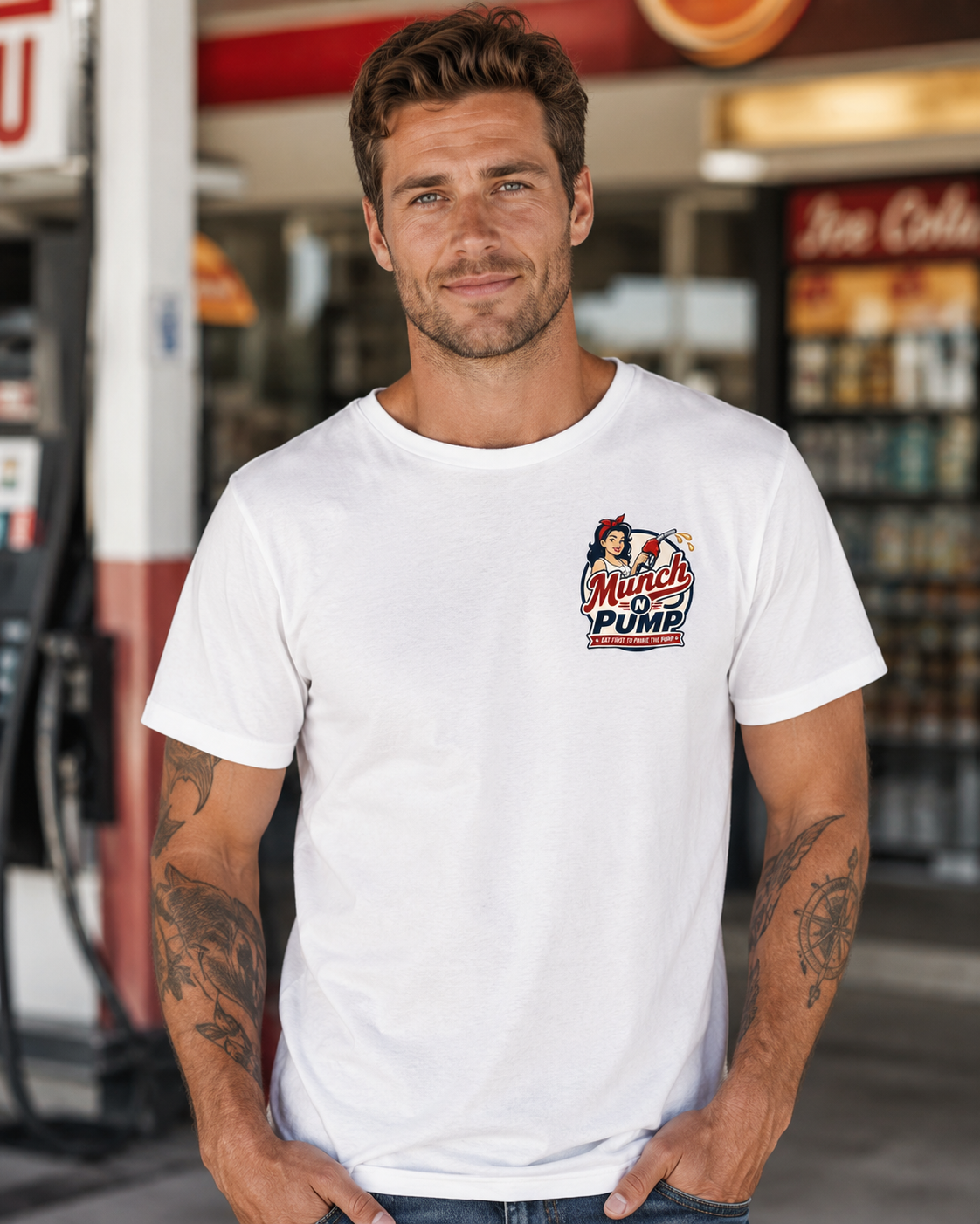 Munch N Pump Gas Station T-Shirt | Funny Adult Humor Performance Tee