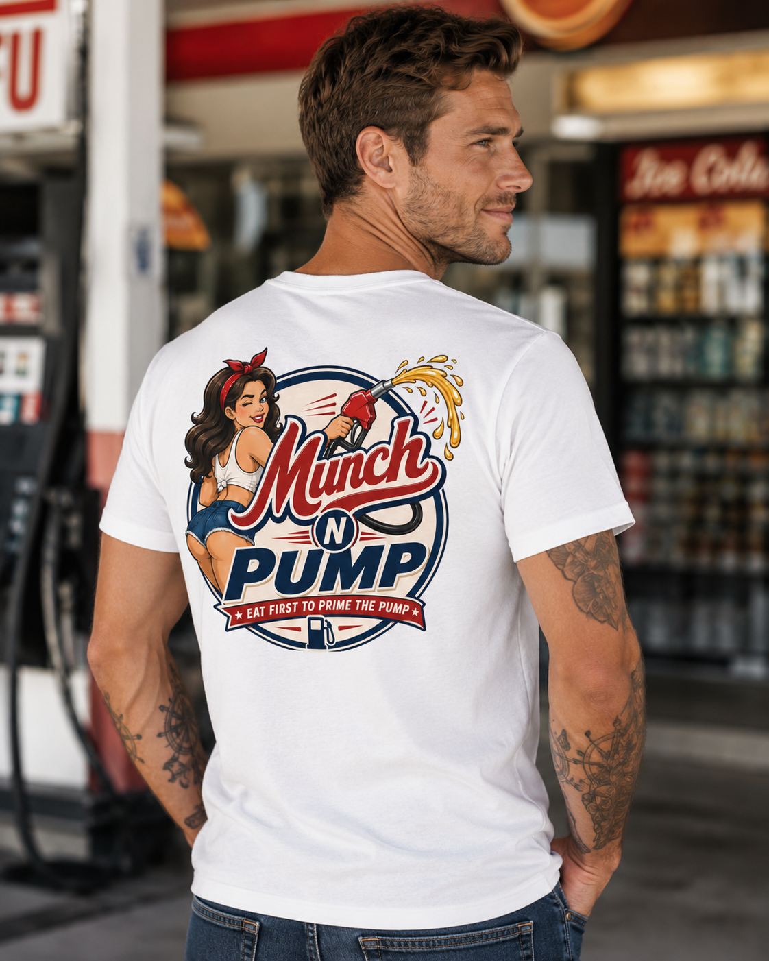 Munch N Pump Gas Station T-Shirt | Funny Adult Humor Performance Tee