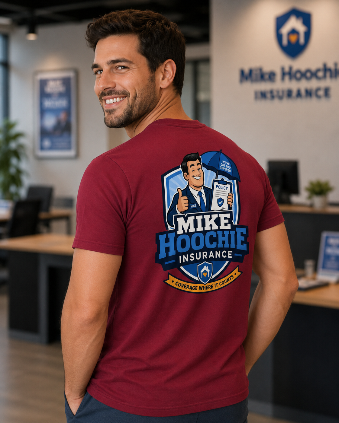 Mike Hoochie Insurance Company T-Shirt | Funny Insurance Performance Tee