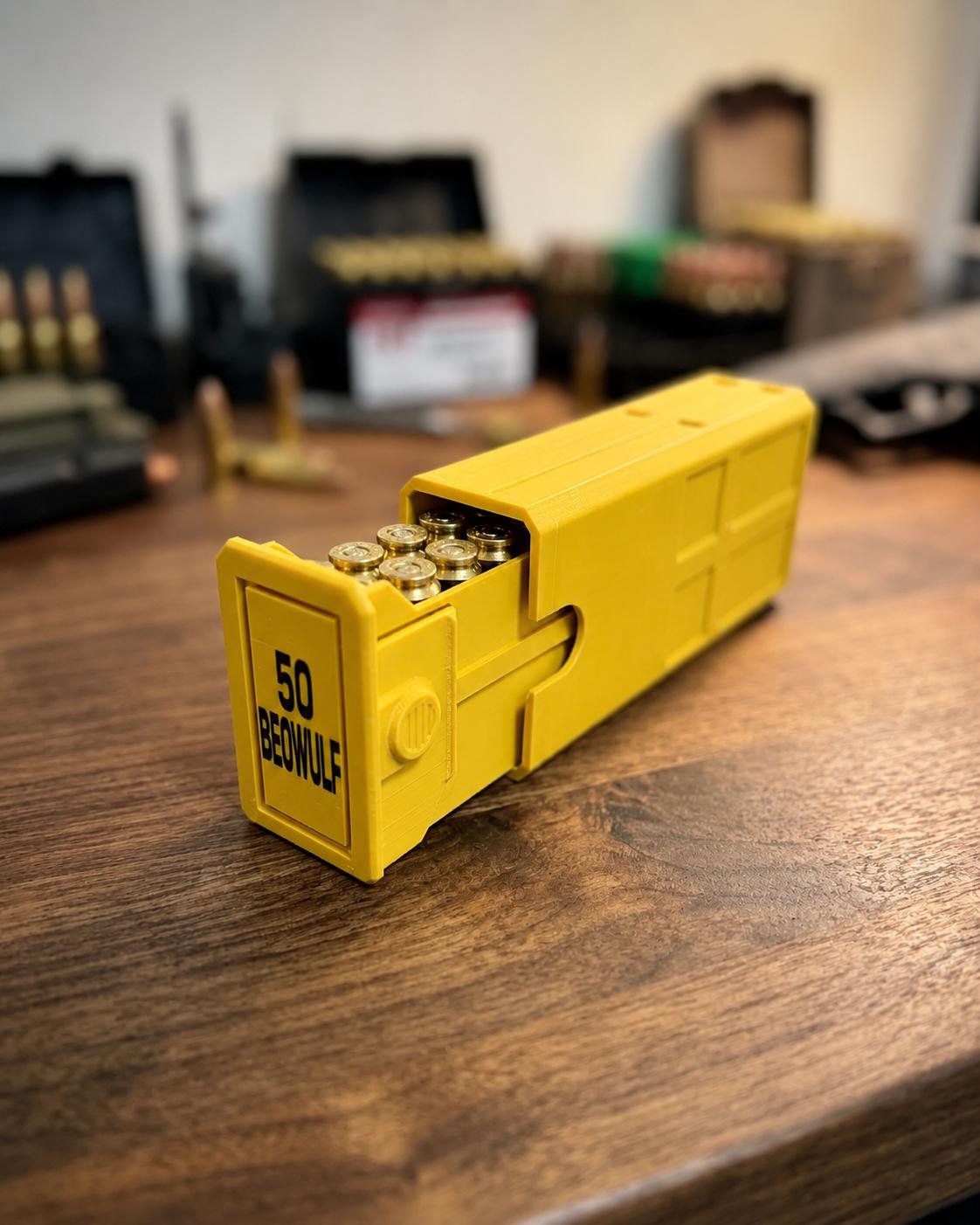 50 Beowulf Ammo Box – 20 Round Capacity – Stackable Sliding Ammunition Storage Case