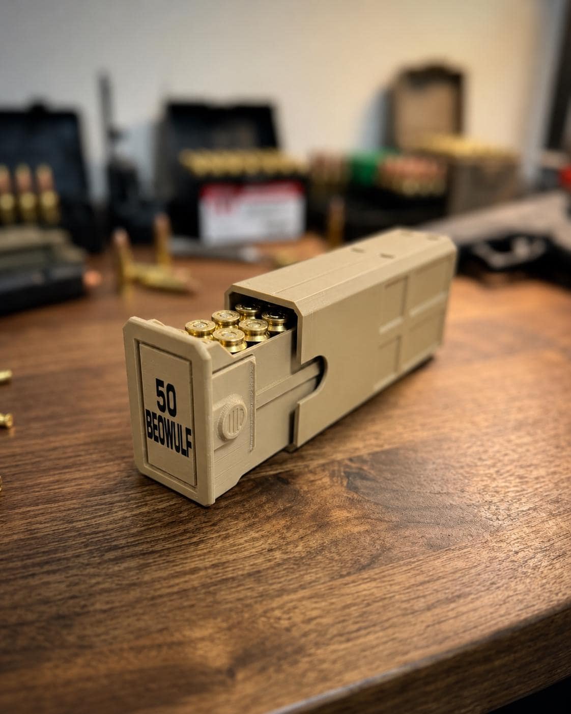 50 Beowulf Ammo Box – 20 Round Capacity – Stackable Sliding Ammunition Storage Case