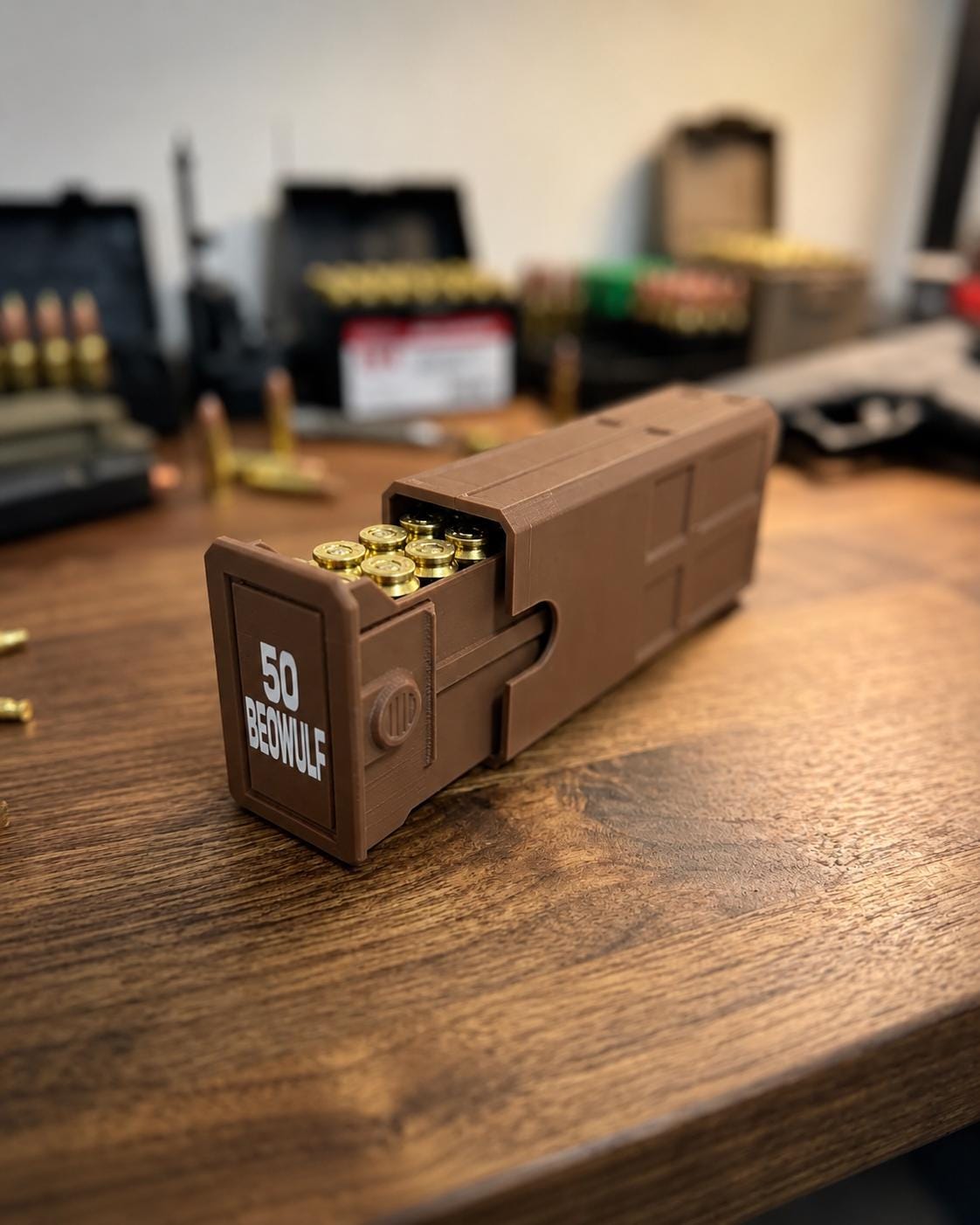 50 Beowulf Ammo Box – 20 Round Capacity – Stackable Sliding Ammunition Storage Case