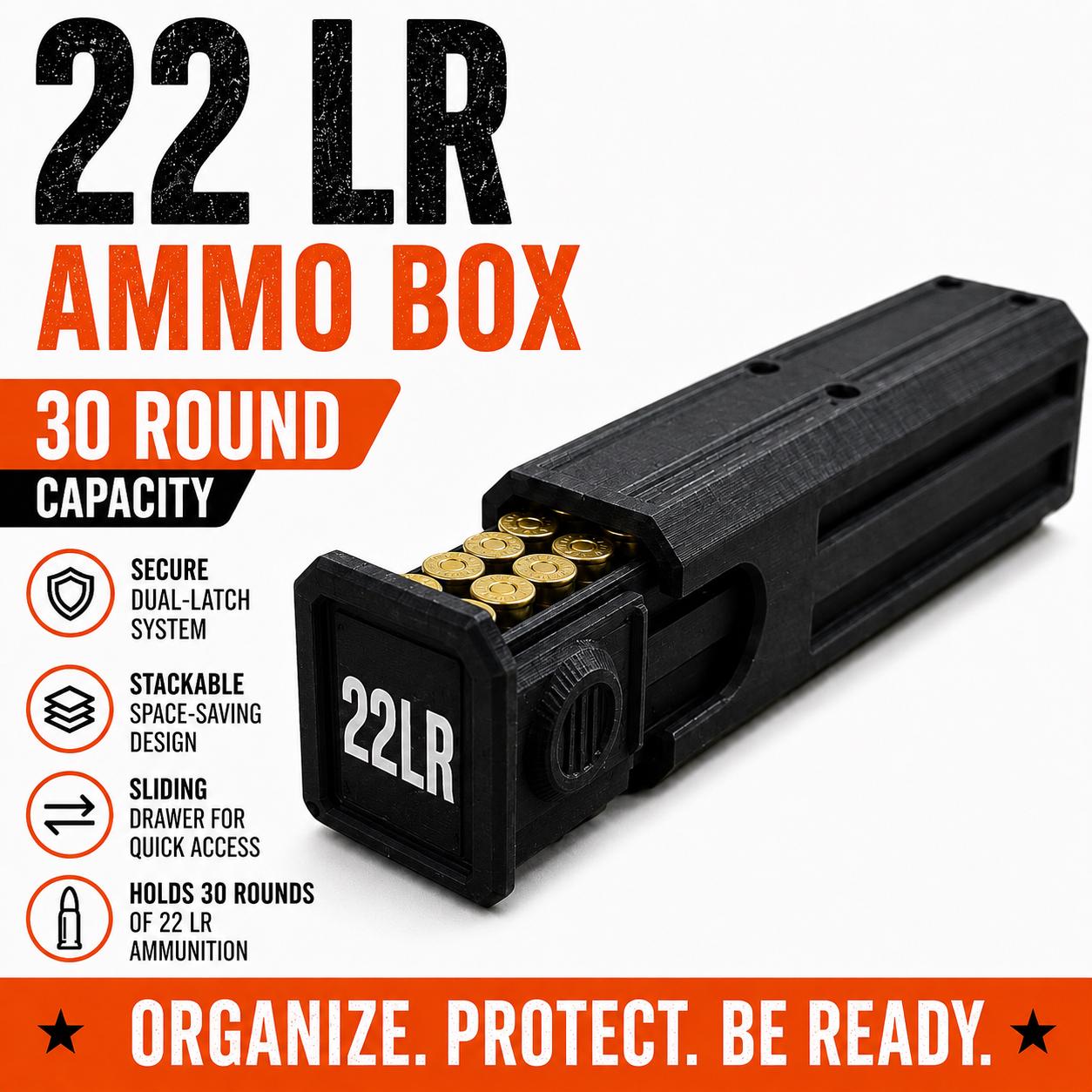 22LR Pocket Ammo Box – 30 Round Capacity – Compact Stackable Sliding Ammunition Storage Case