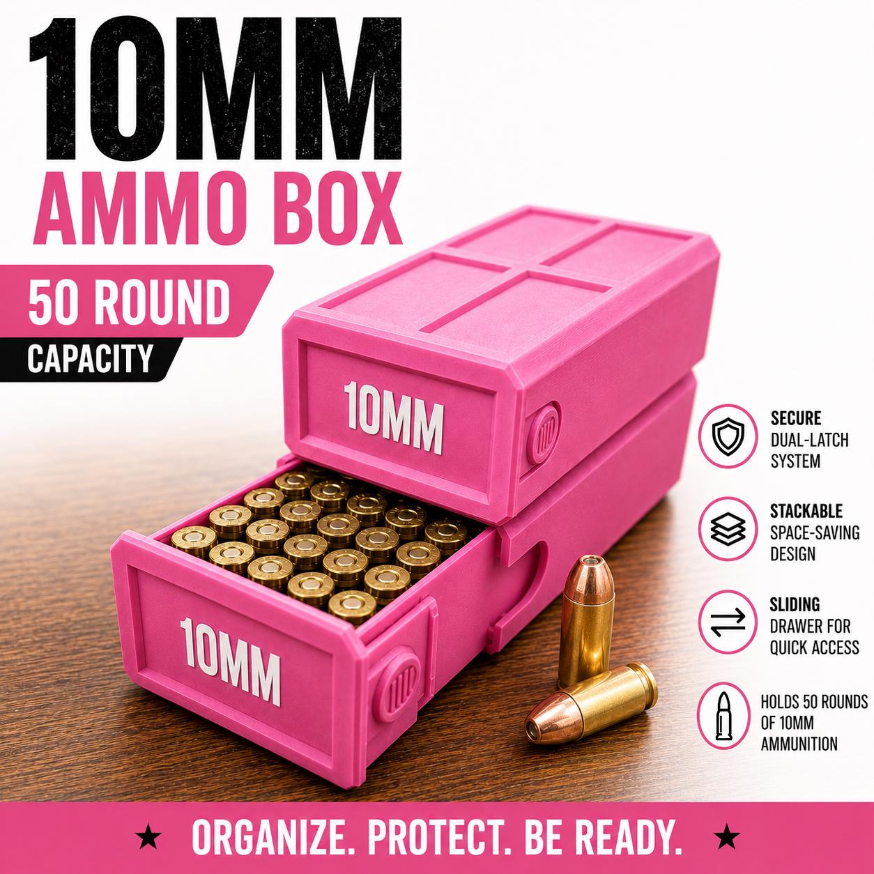 10MM Ammo Storage Box – 50 Round Stackable Case, Secure Latches, Personalized Colors
