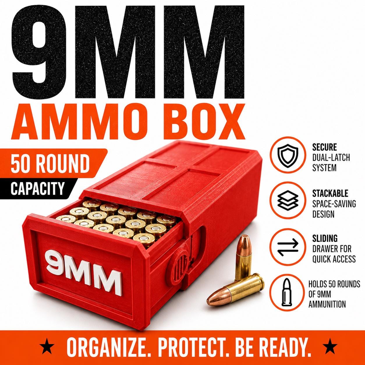 9MM Ammo Storage Box – 50 Round Stackable Case, Dual-Latch Organizer