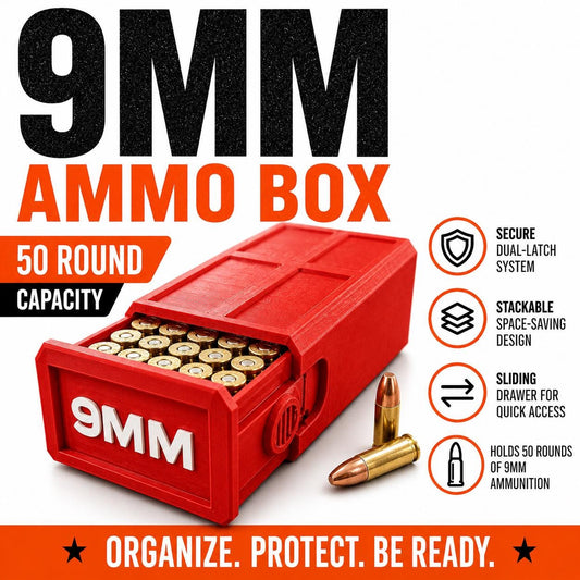 9MM Ammo Storage Box – 50 Round Stackable Case, Dual-Latch Organizer