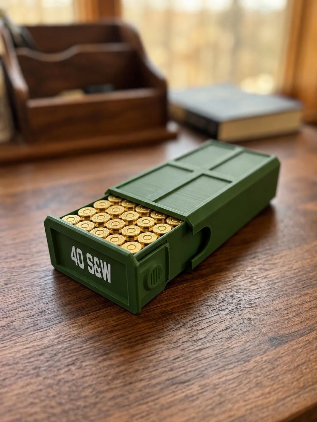 40 S&W Ammo Box – 50 Round Stackable Storage Case, Sliding Drawer Organizer