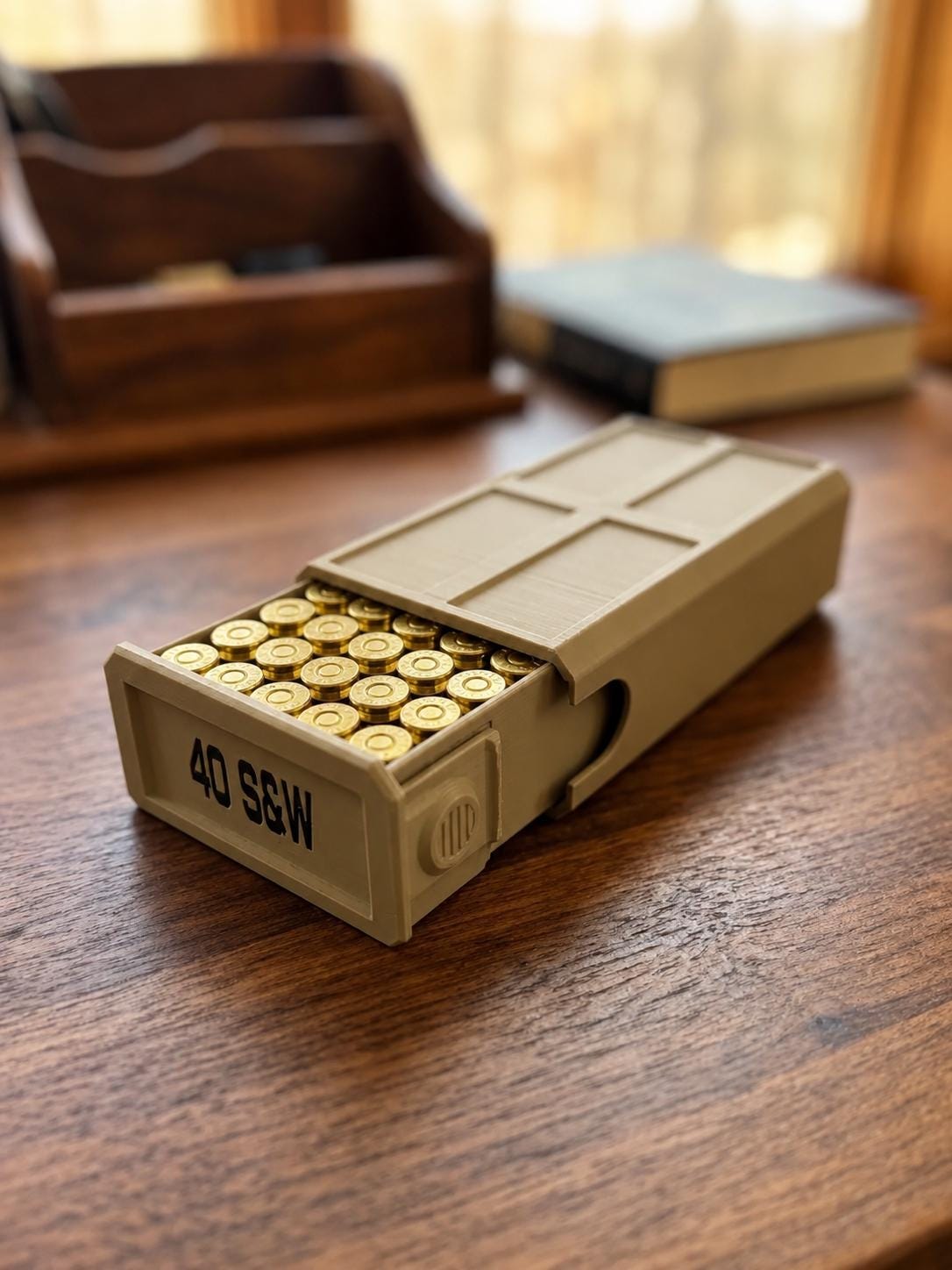 40 S&W Ammo Box – 50 Round Stackable Storage Case, Sliding Drawer Organizer