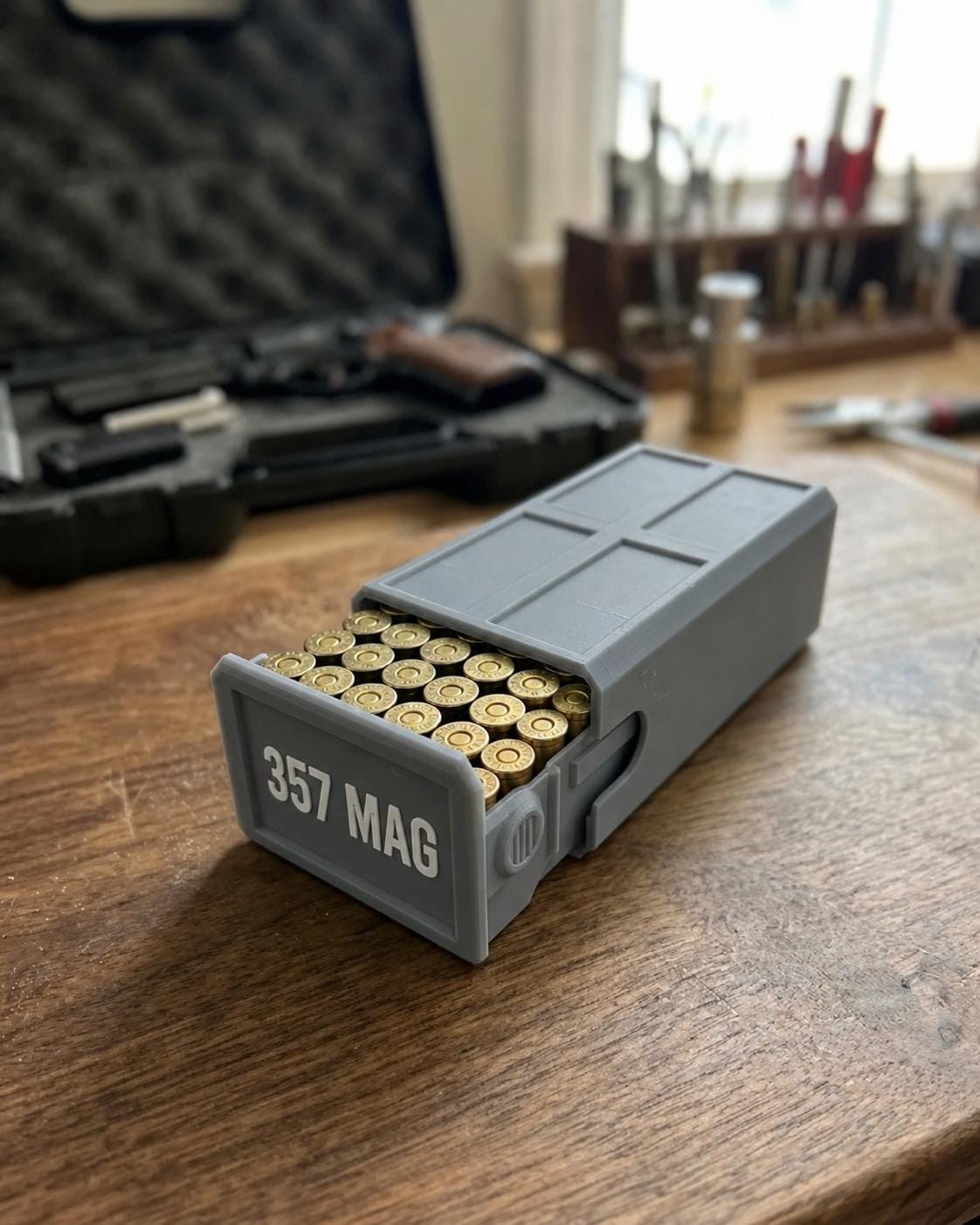 357 Magnum Ammo Box – 20 Round Stackable Storage Case, Sliding Drawer Organizer