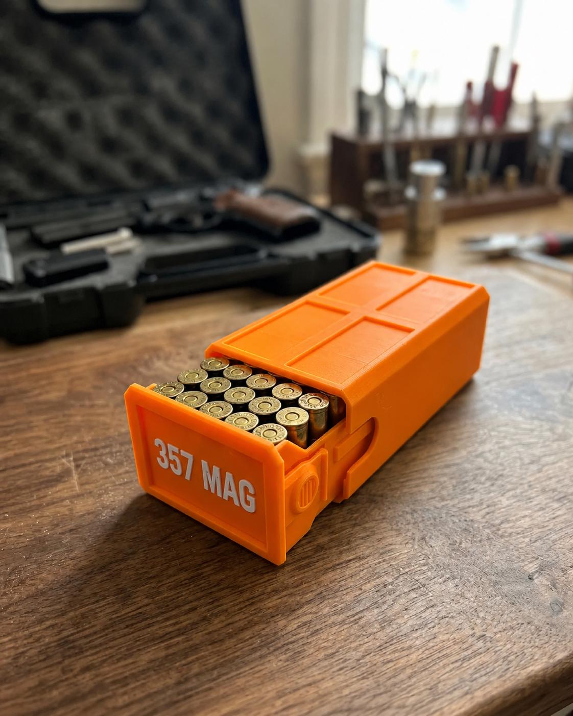 357 Magnum Ammo Box – 20 Round Stackable Storage Case, Sliding Drawer Organizer