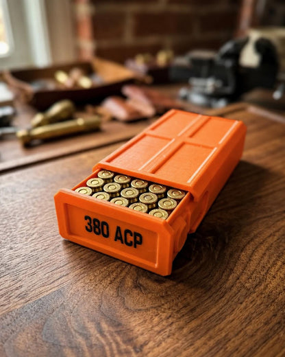 380 ACP Ammo Storage Box – 50 Round Stackable Case with Sliding Tray