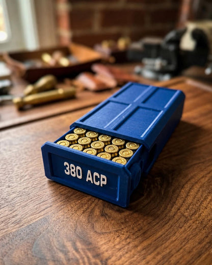 380 ACP Ammo Storage Box – 50 Round Stackable Case with Sliding Tray
