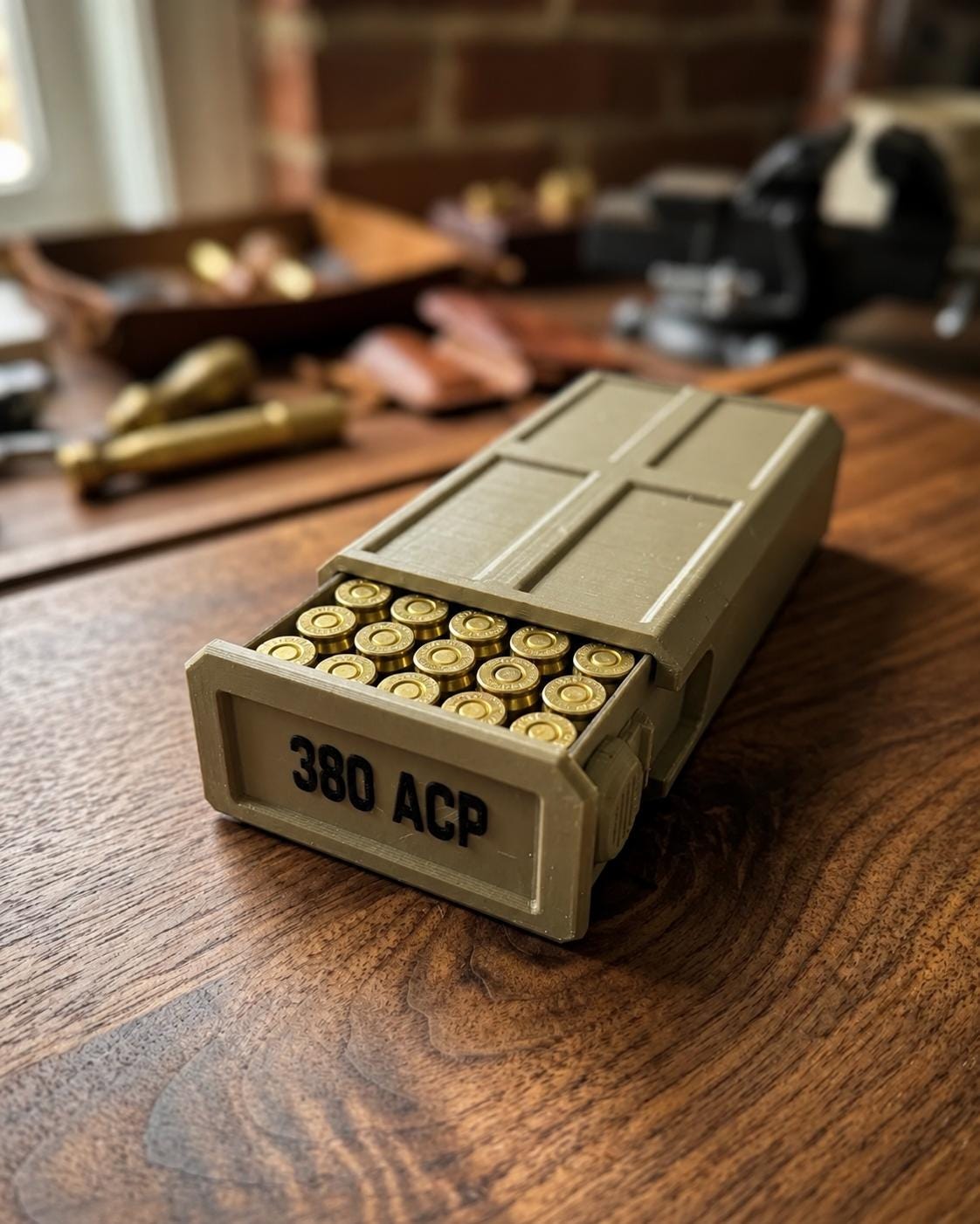 380 ACP Ammo Storage Box – 50 Round Stackable Case with Sliding Tray