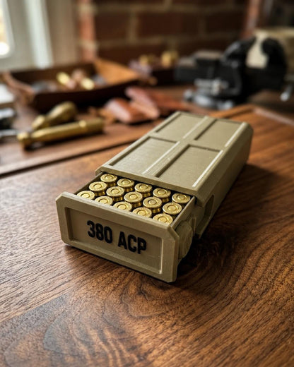 380 ACP Ammo Storage Box – 50 Round Stackable Case with Sliding Tray