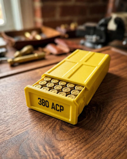 380 ACP Ammo Storage Box – 50 Round Stackable Case with Sliding Tray