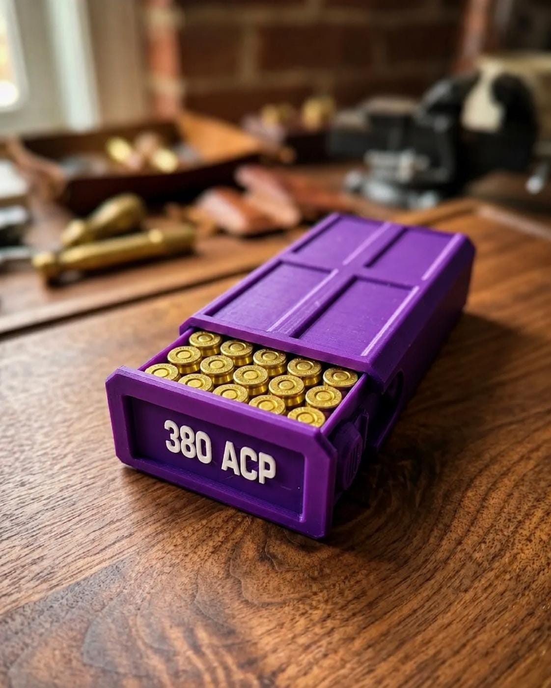 380 ACP Ammo Storage Box – 50 Round Stackable Case with Sliding Tray