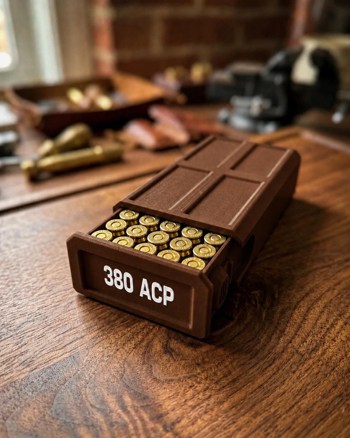 380 ACP Ammo Storage Box – 50 Round Stackable Case with Sliding Tray