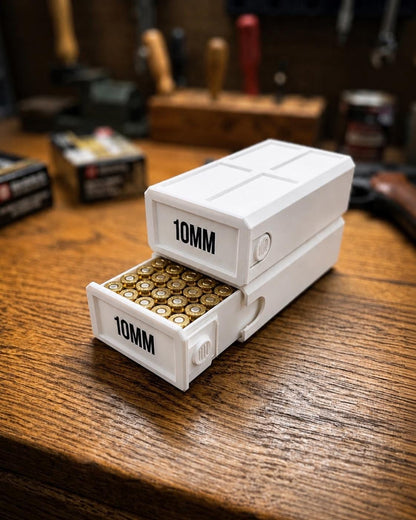 10MM Ammo Storage Box – 50 Round Stackable Case, Secure Latches, Personalized Colors