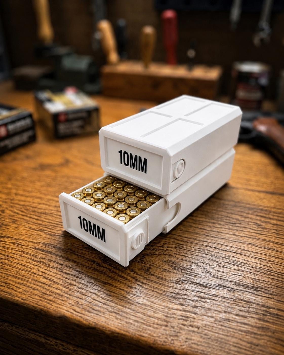 10MM Ammo Storage Box – 50 Round Stackable Case, Secure Latches, Personalized Colors