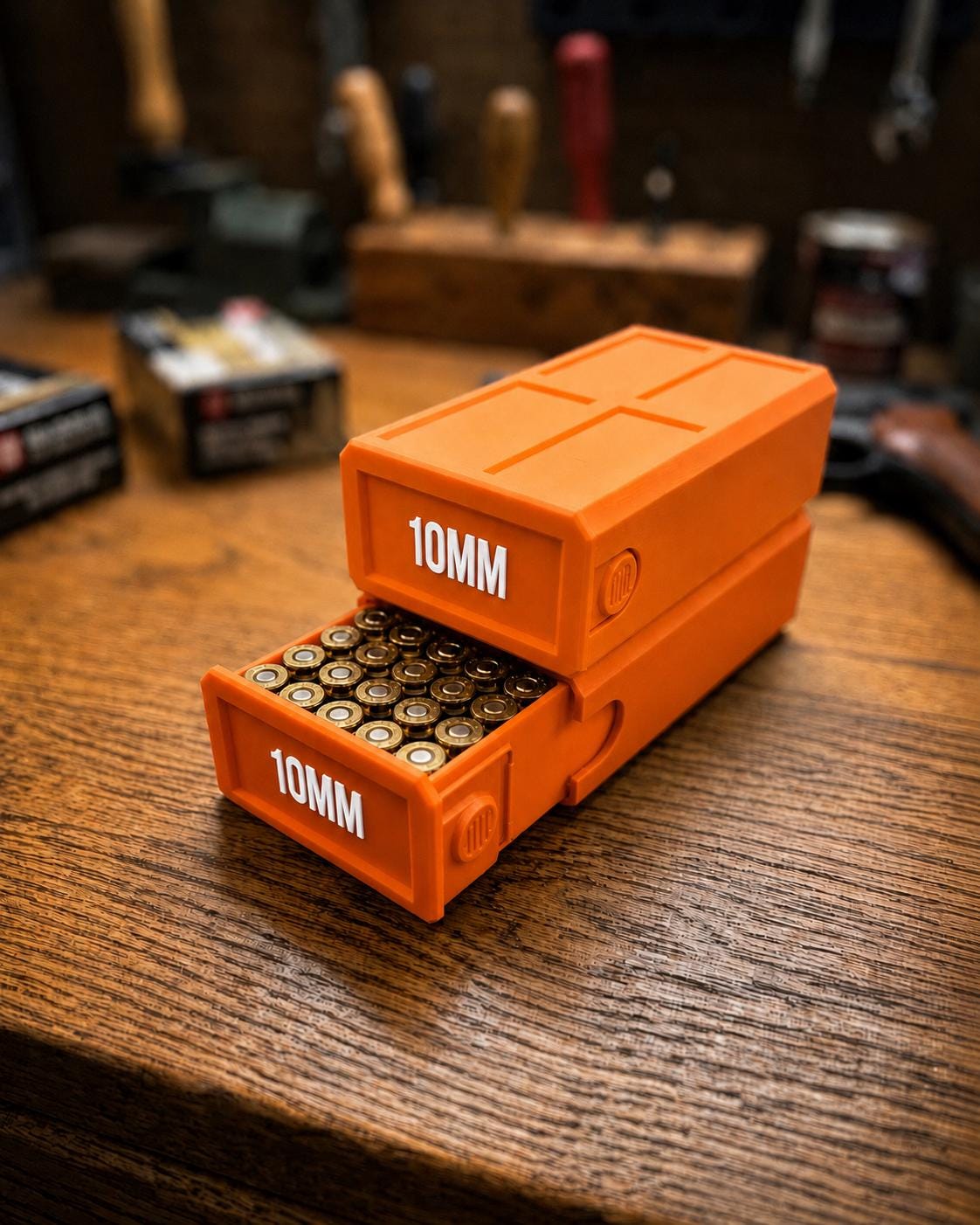 10MM Ammo Storage Box – 50 Round Stackable Case, Secure Latches, Personalized Colors