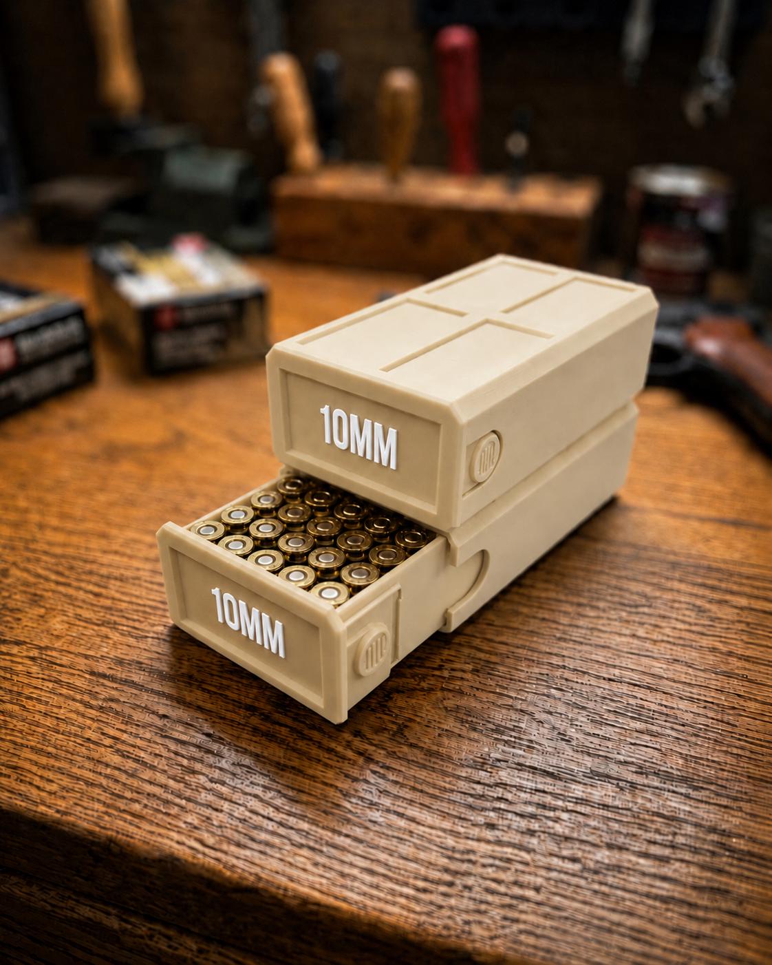 10MM Ammo Storage Box – 50 Round Stackable Case, Secure Latches, Personalized Colors