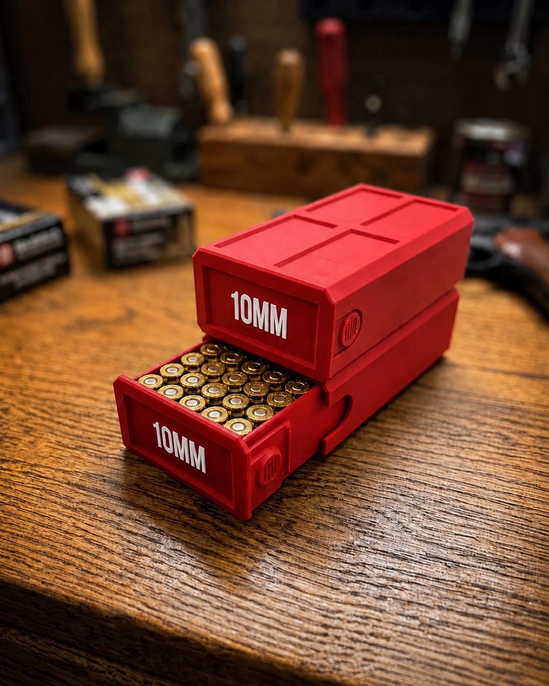 10MM Ammo Storage Box – 50 Round Stackable Case, Secure Latches, Personalized Colors