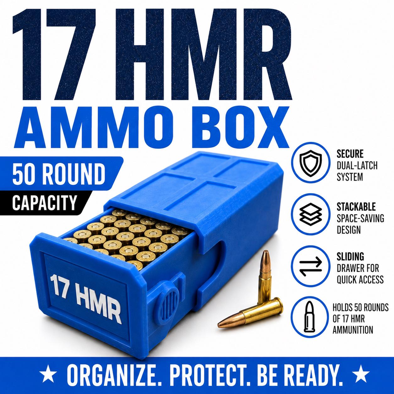 17 HMR Ammo Box – 50 Round Stackable Storage Case with Sliding Drawer