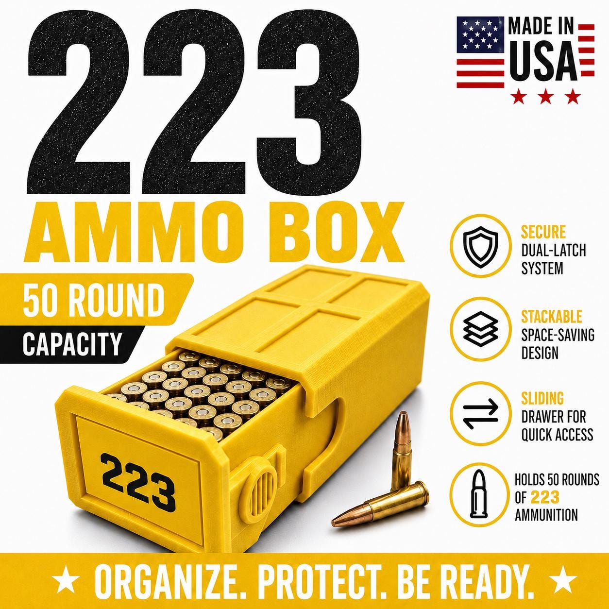 223 Ammo Box – 50 Round Stackable Ammunition Storage Case – Sliding Drawer with Dual Latches
