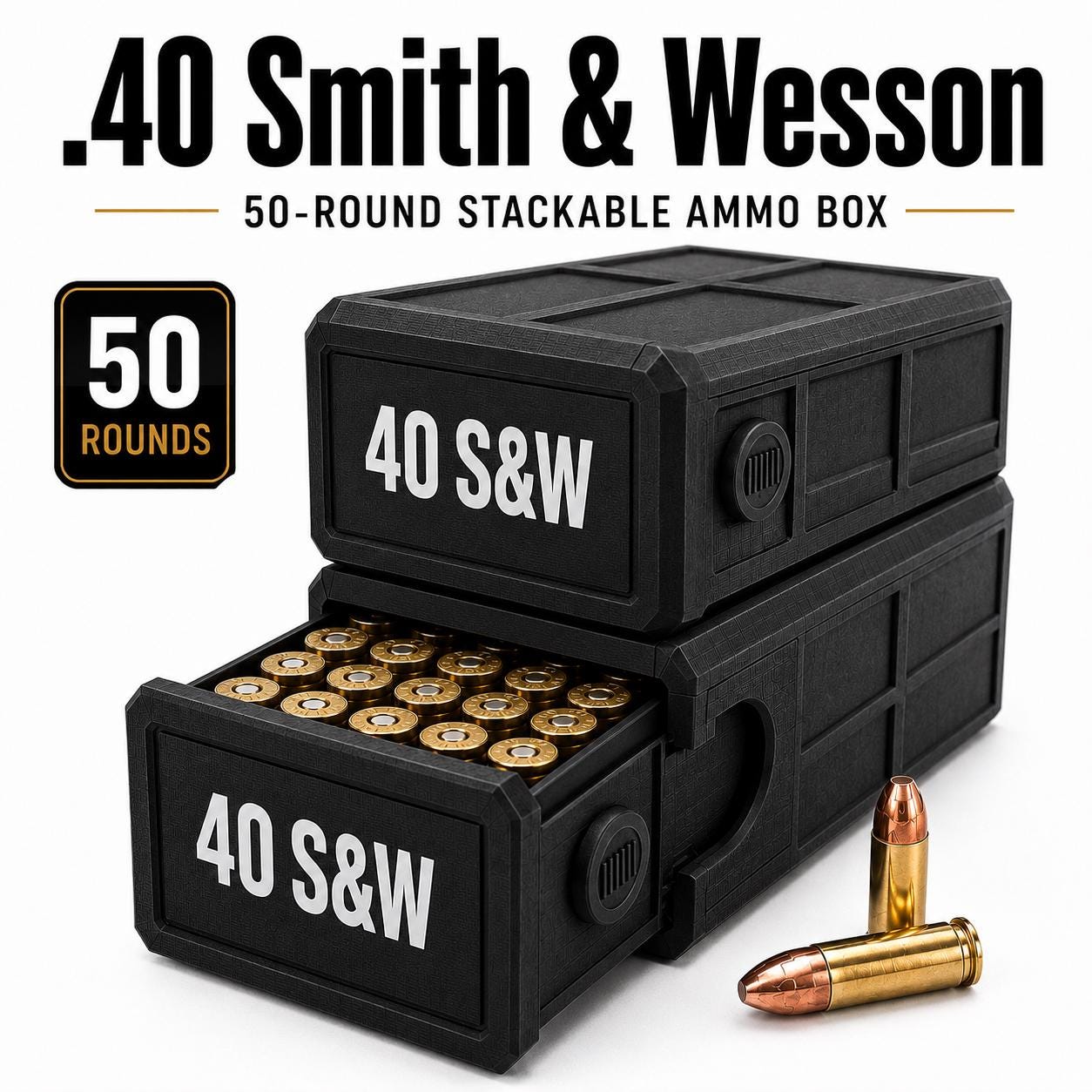 40 S&W Ammo Box – 50 Round Stackable Storage Case, Sliding Drawer Organizer