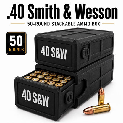 40 S&W Ammo Box – 50 Round Stackable Storage Case, Sliding Drawer Organizer