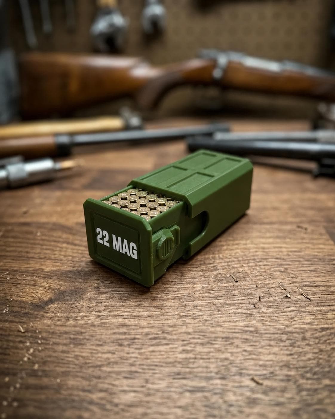 22 Magnum Ammo Box – 50 Round Stackable Storage Case with Sliding Drawer, Dual Latches.