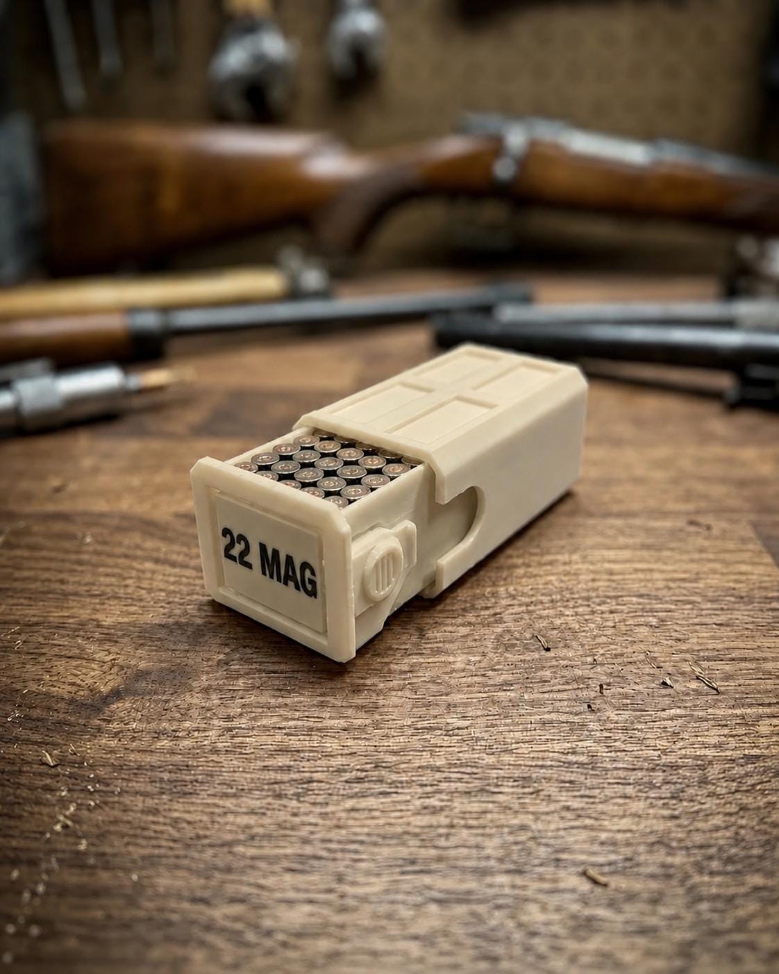 22 Magnum Ammo Box – 50 Round Stackable Storage Case with Sliding Drawer, Dual Latches.