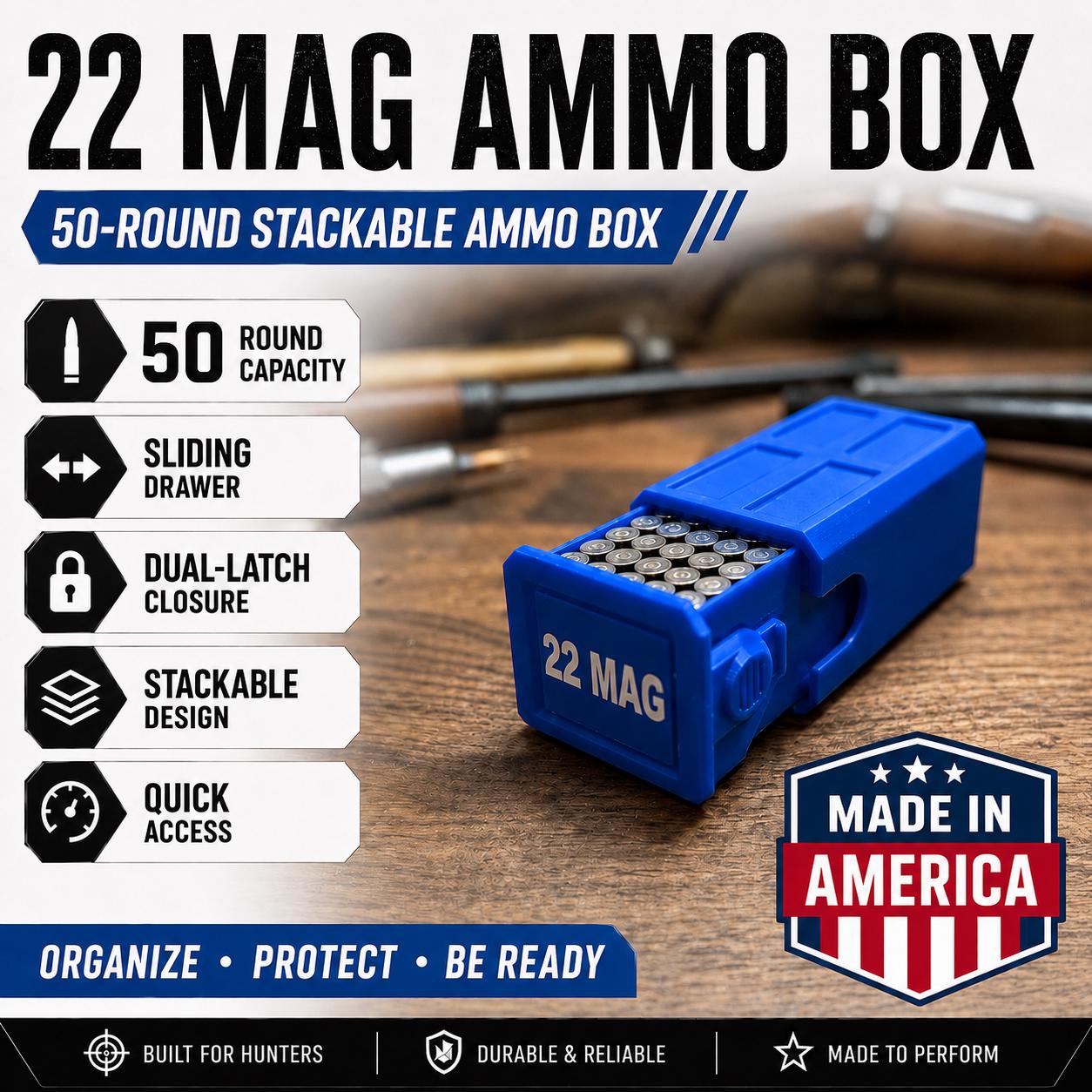 22 Magnum Ammo Box – 50 Round Stackable Storage Case with Sliding Drawer, Dual Latches.