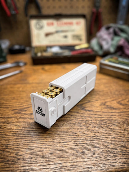 458 SOCOM Ammo Box – Empty 20 Round 3D Printed Ammunition Storage Case, Stackable Sliding Range Box, Secure Dual Latch Holder