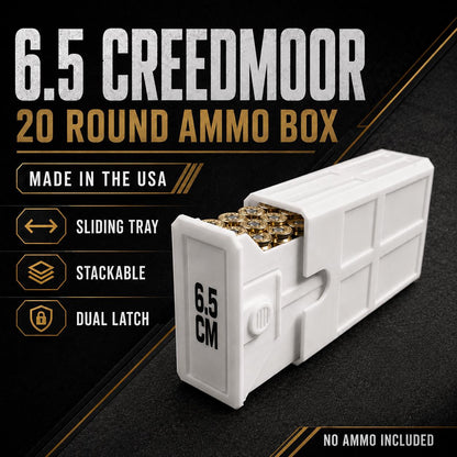 6.5 Creedmoor Ammo Box, 20 Round 6.5 CM Ammunition Storage Case, Custom, Sliding Tray Stackable Range Box