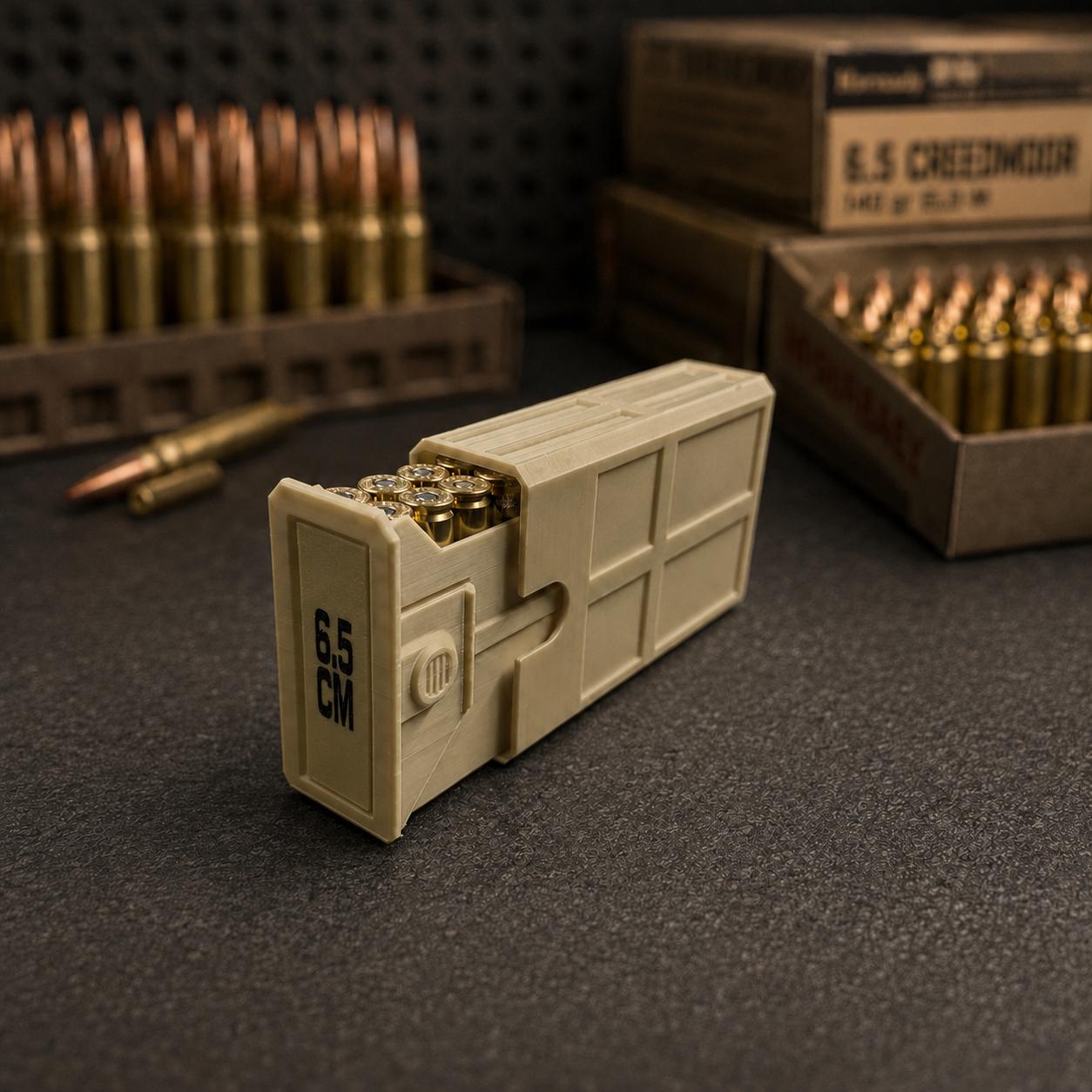 6.5 Creedmoor Ammo Box, 20 Round 6.5 CM Ammunition Storage Case, Custom, Sliding Tray Stackable Range Box