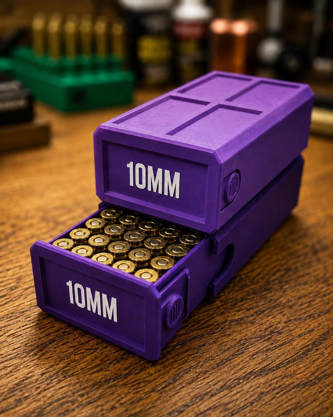 10MM Ammo Storage Box – 50 Round Stackable Case, Secure Latches, Personalized Colors