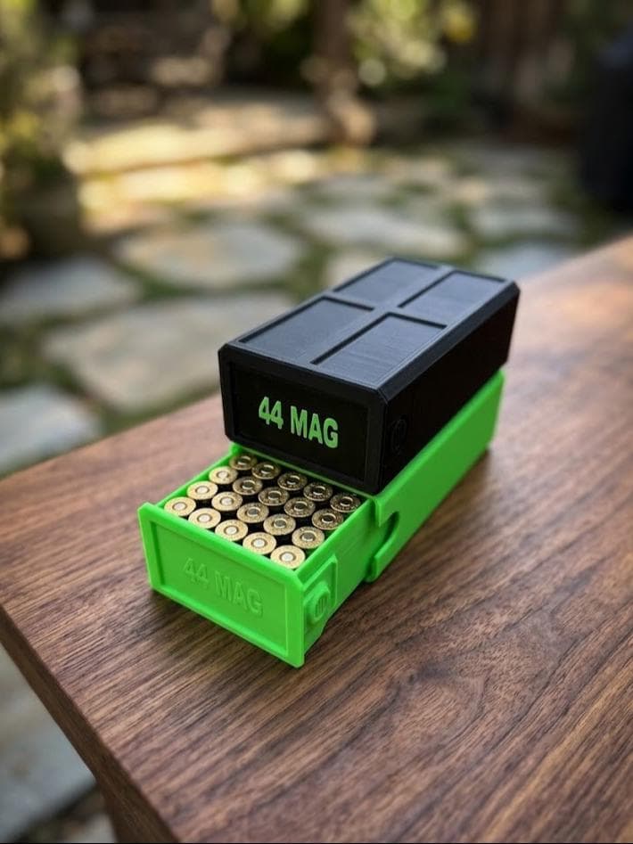 44 Magnum Ammo Storage Box – 50 Rounds, Stackable w/ Secure Dual Latch. Custom Colors