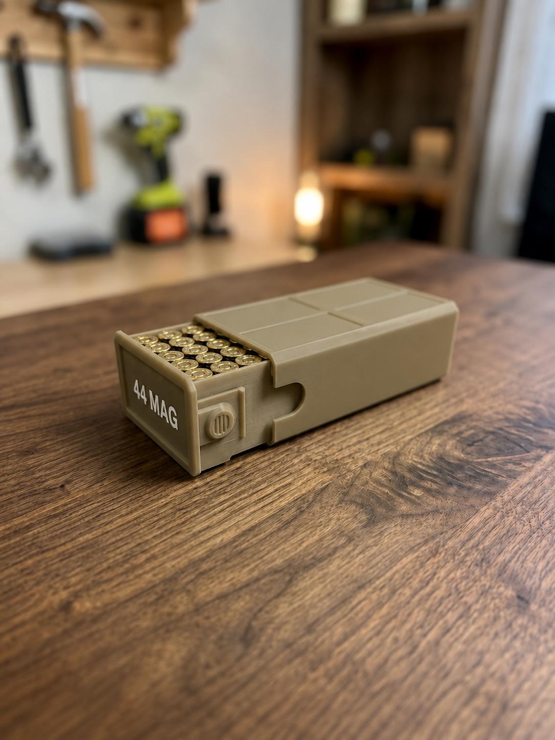 44 Magnum Ammo Storage Box – 50 Rounds, Stackable w/ Secure Dual Latch. Custom Colors