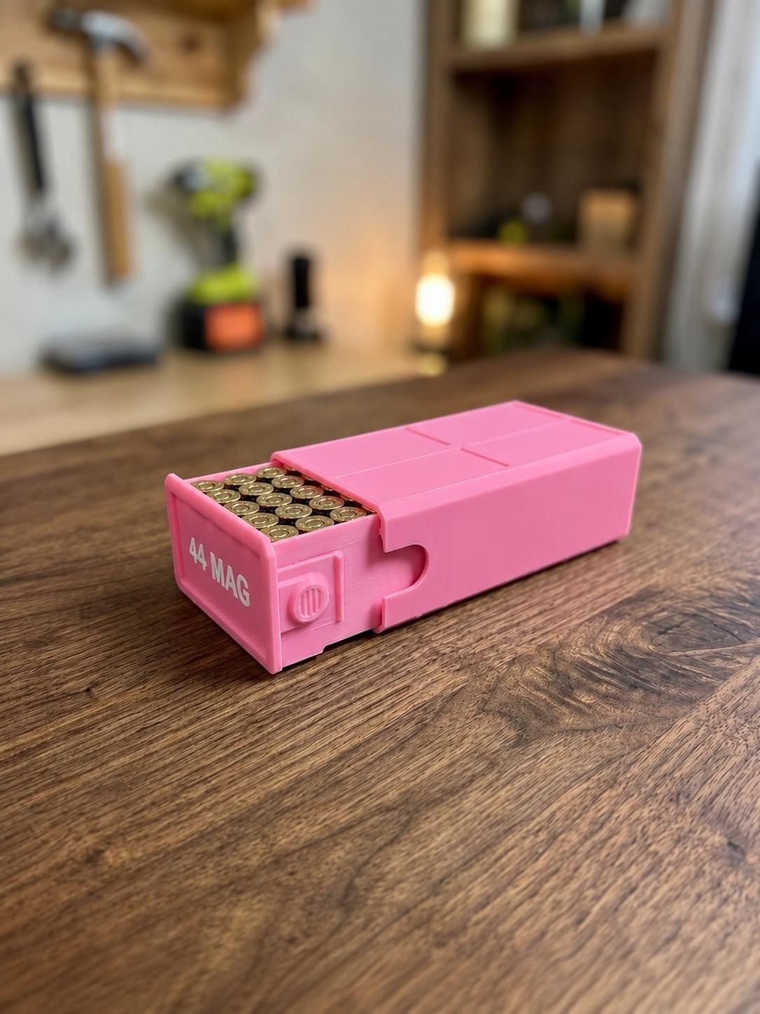44 Magnum Ammo Storage Box – 50 Rounds, Stackable w/ Secure Dual Latch. Custom Colors
