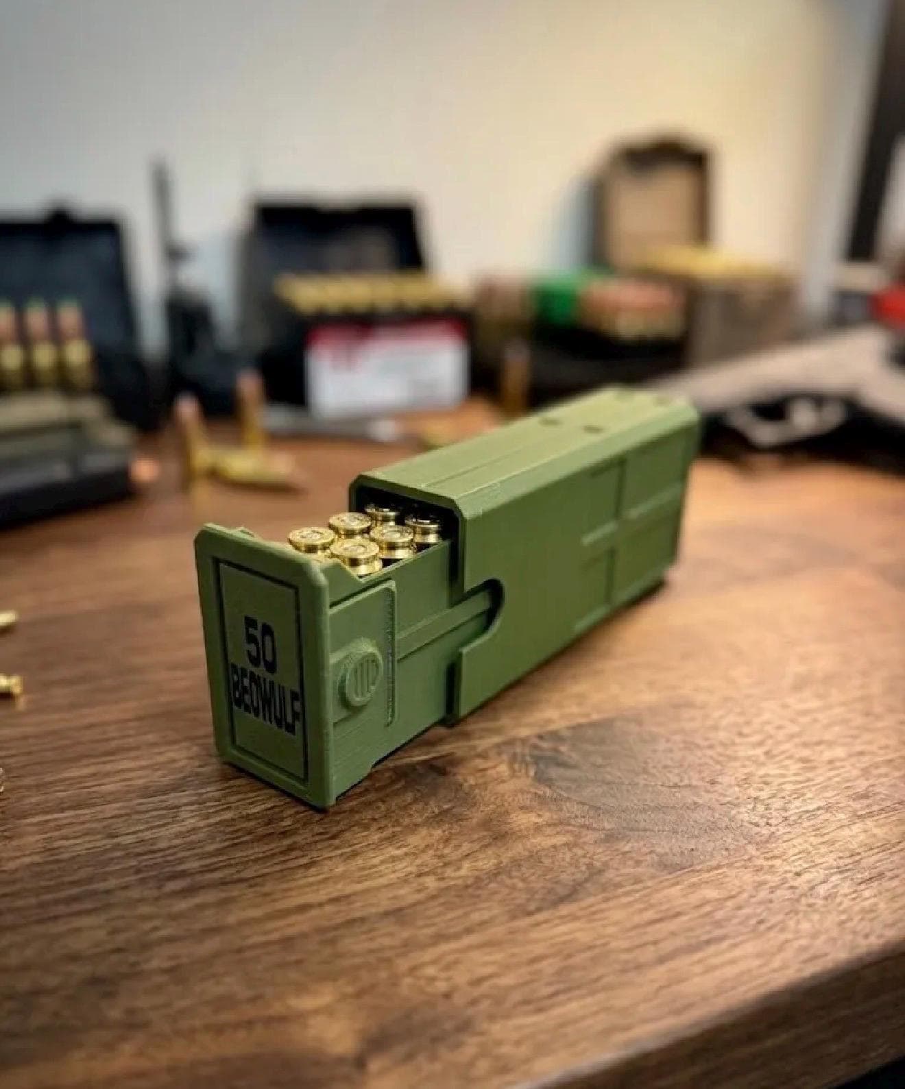 50 Beowulf Ammo Box – 20 Round Capacity – Stackable Sliding Ammunition Storage Case