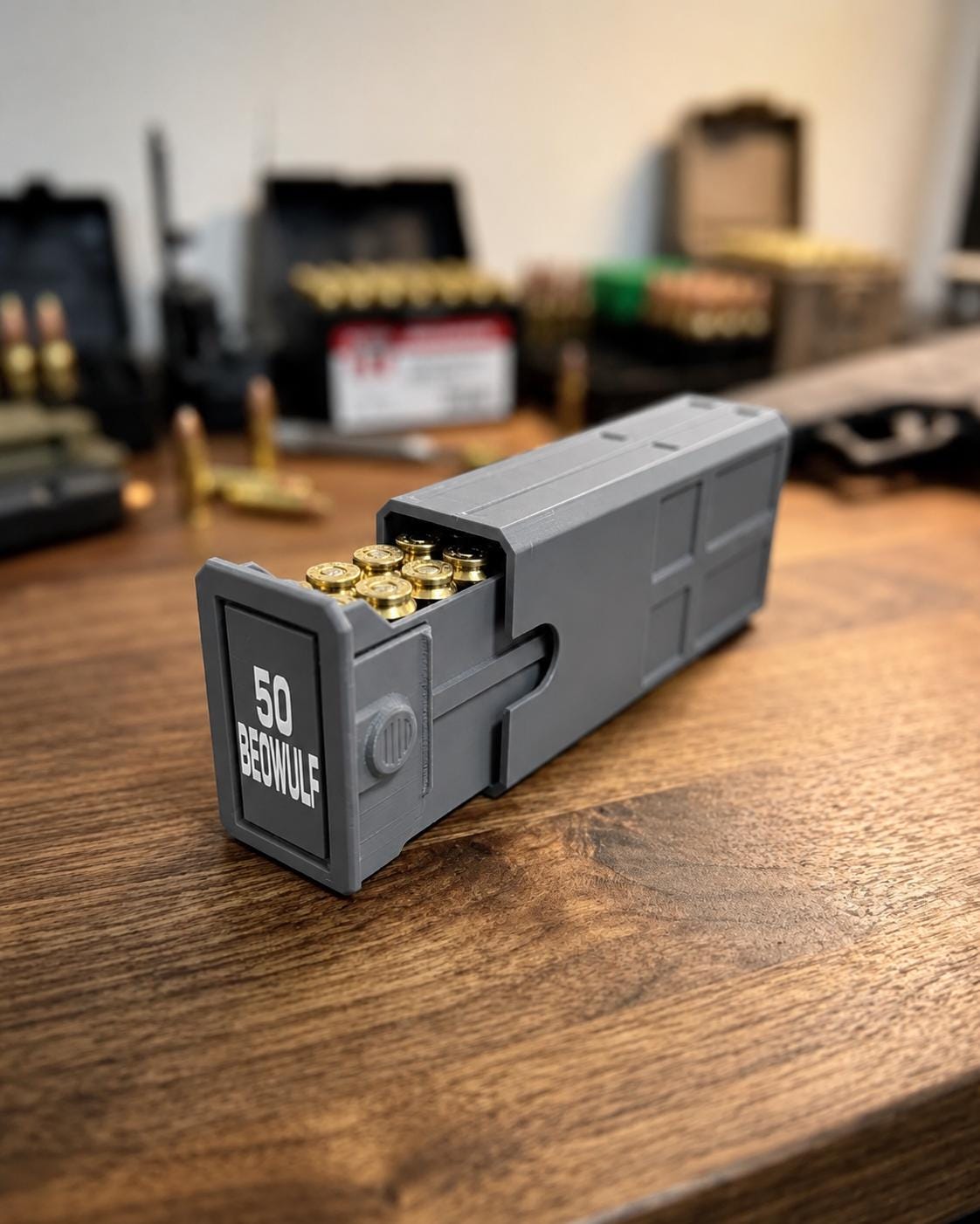 50 Beowulf Ammo Box – 20 Round Capacity – Stackable Sliding Ammunition Storage Case