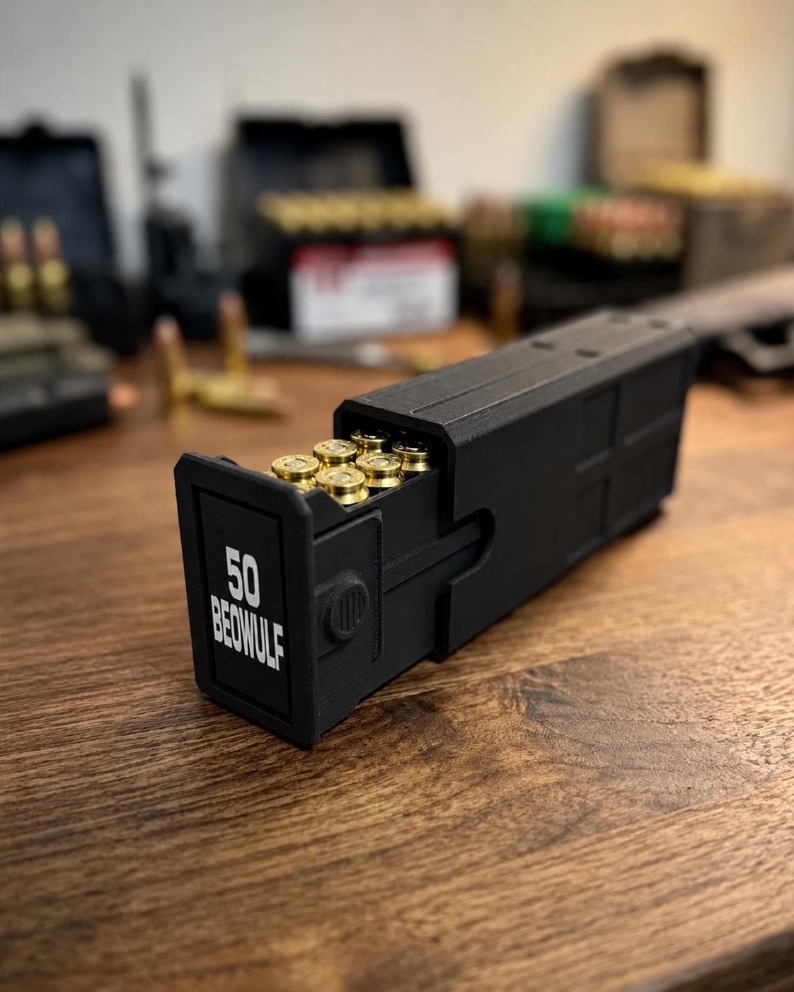 50 Beowulf Ammo Box – 20 Round Capacity – Stackable Sliding Ammunition Storage Case