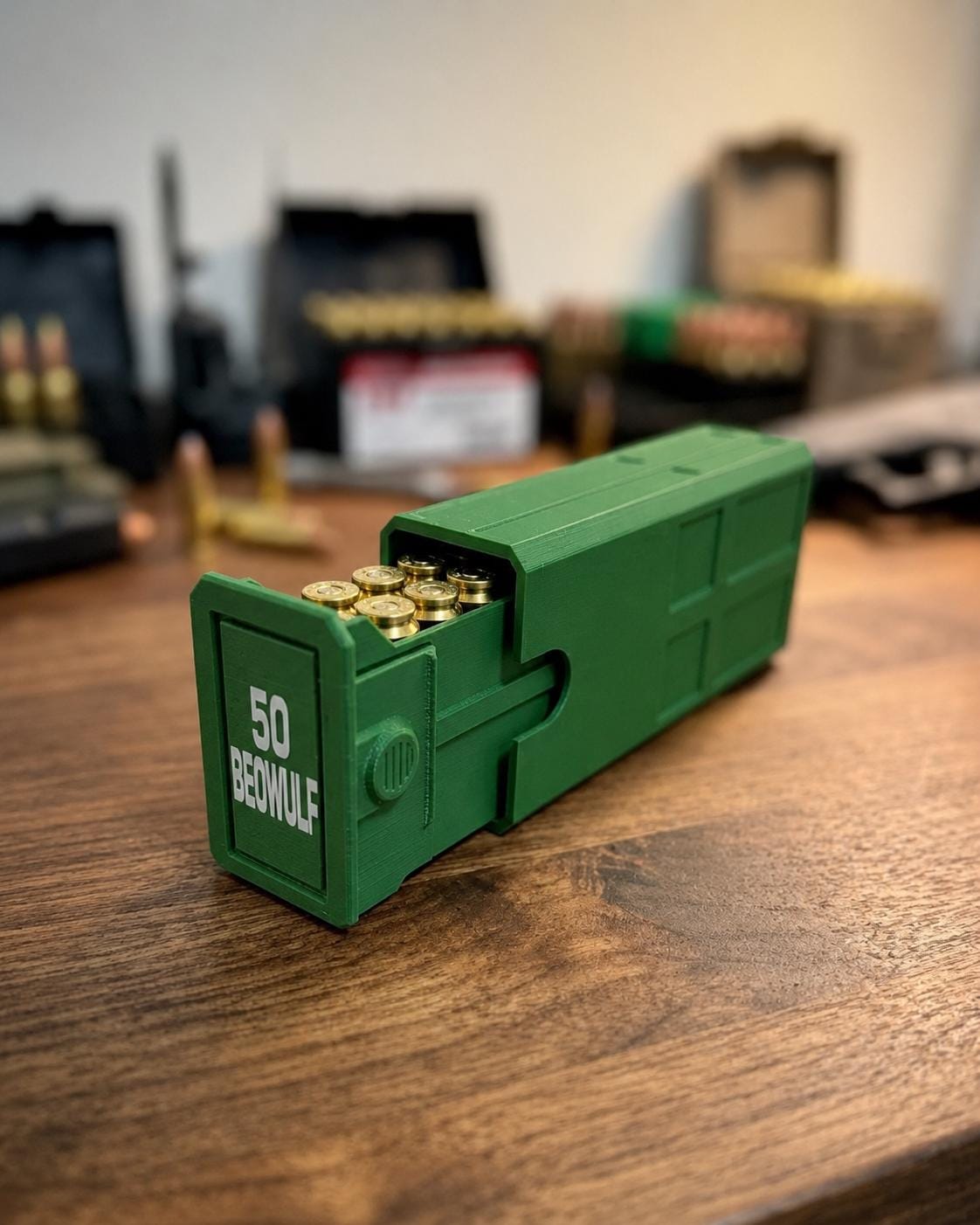 50 Beowulf Ammo Box – 20 Round Capacity – Stackable Sliding Ammunition Storage Case