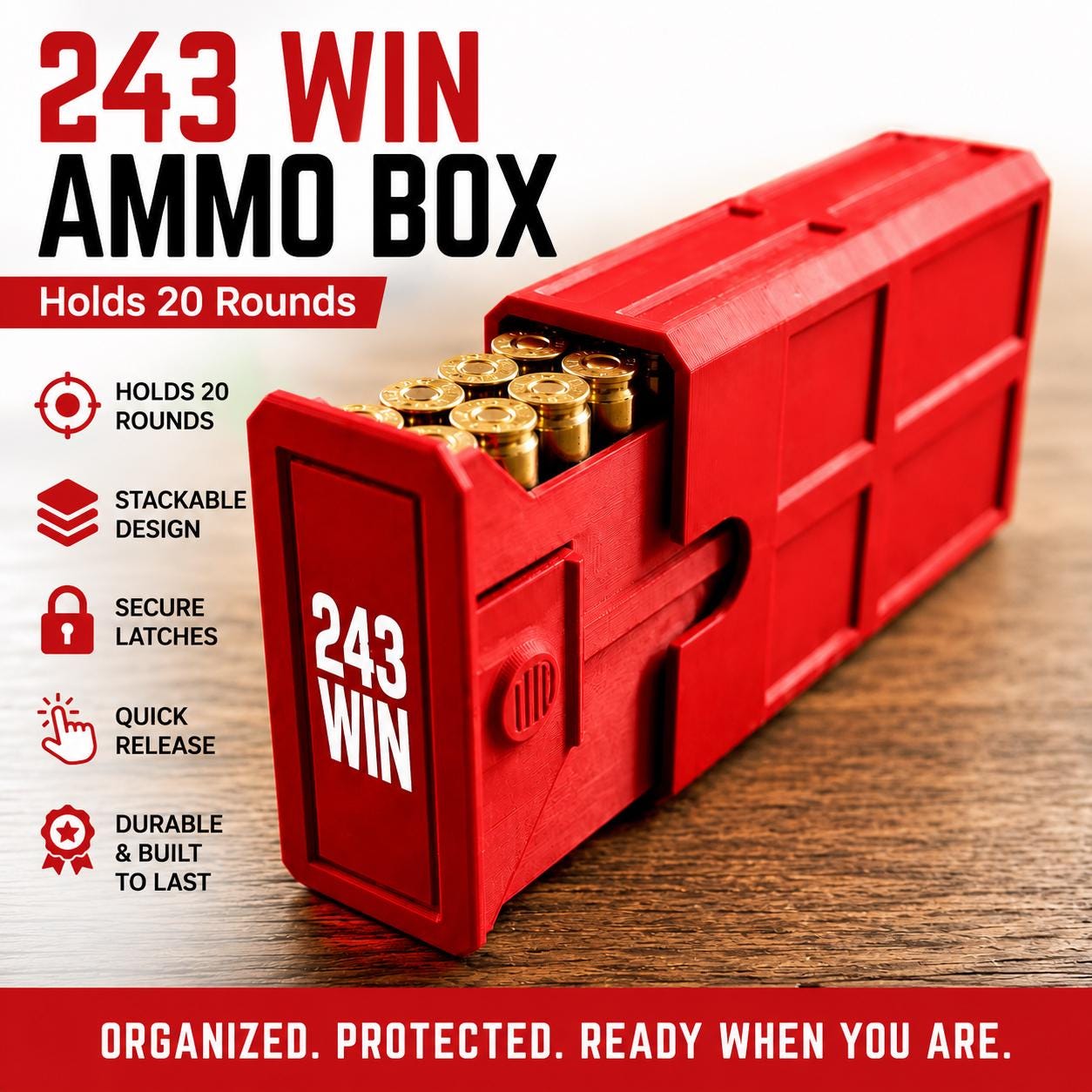 243 Winchester Ammo Box – 20-Round Stackable Sliding Ammunition Storage Case, 3D-Printed Range & Hunting Organizer