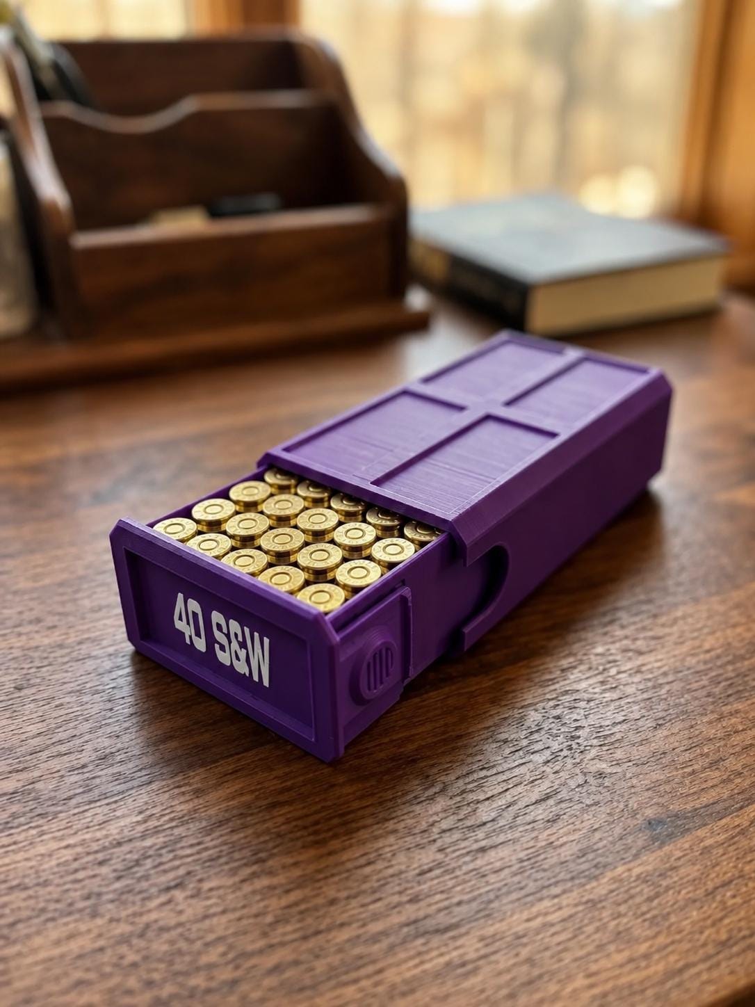 40 S&W Ammo Box – 50 Round Stackable Storage Case, Sliding Drawer Organizer