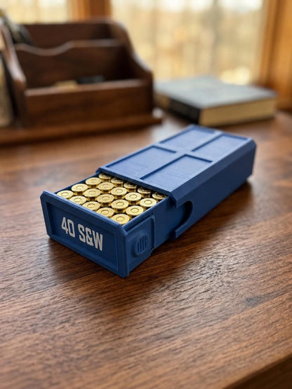 40 S&W Ammo Box – 50 Round Stackable Storage Case, Sliding Drawer Organizer